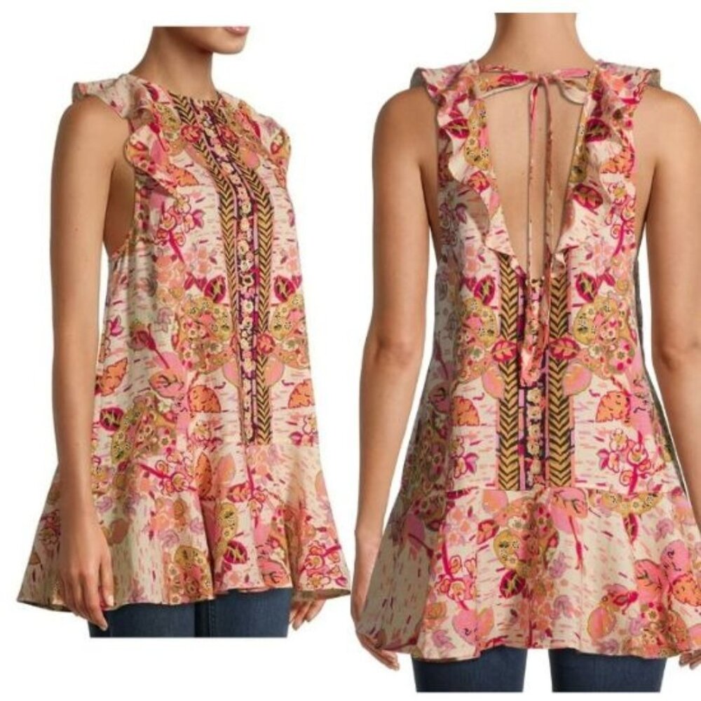 Free People Women's Floral Sleeveless Ruffle Linen Blend Tunic Top Open Back New
